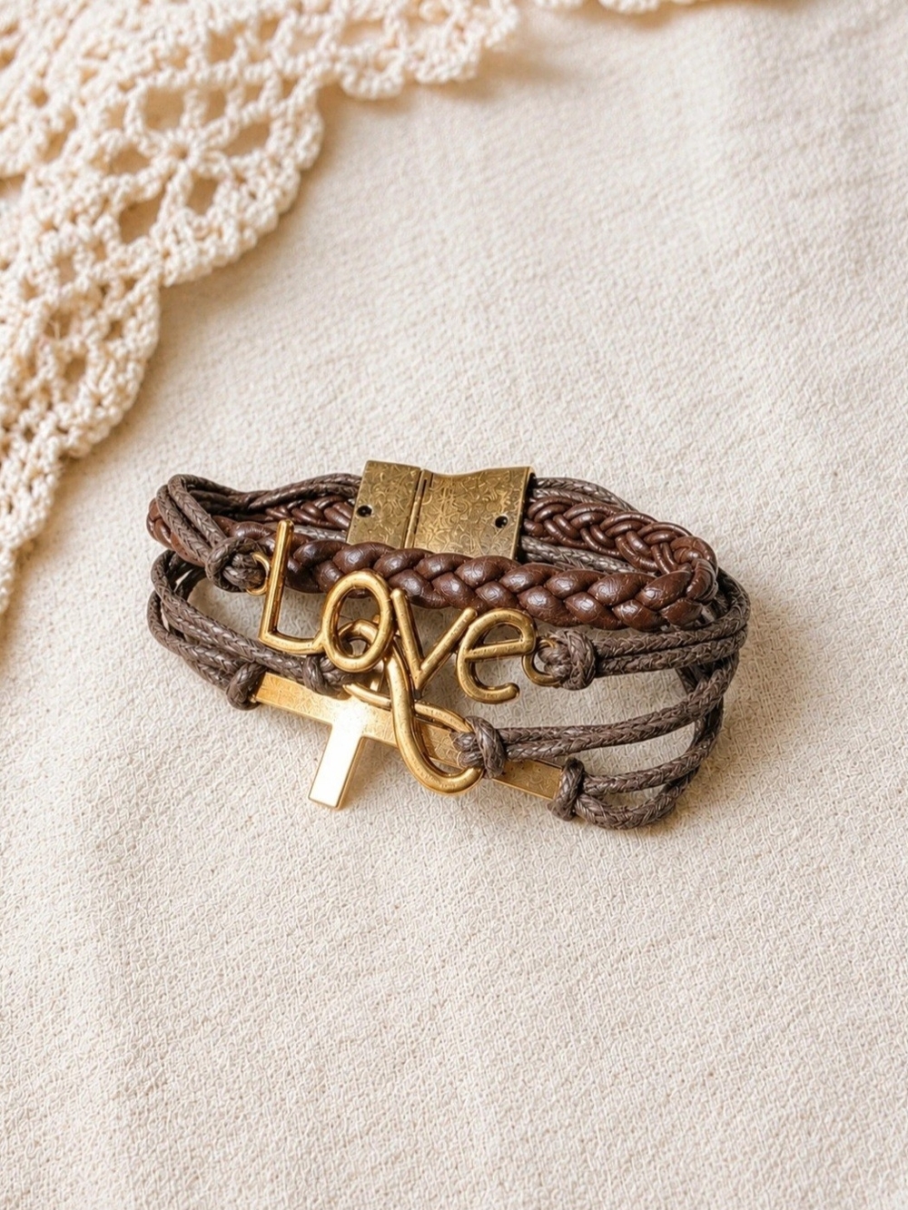 Brown Multi-Strand 'Love' & Cross Bracelet - Unbranded